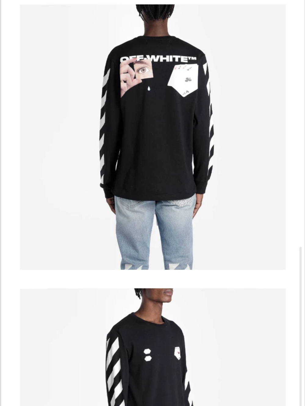 Off-White Black Crewneck Sweatshirt with White Diagonal Sleeve Stripes